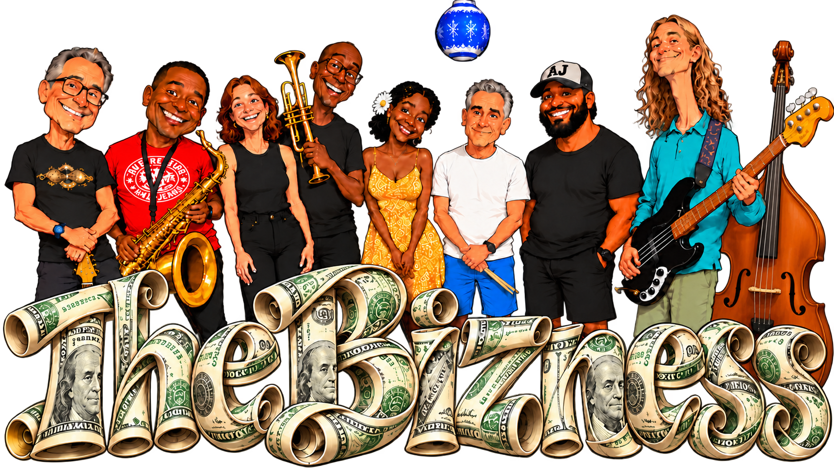 Illustration of The Bizness band with instruments and the band name in rolled banknotes
